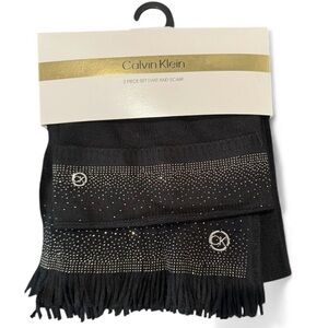 Calvin Klein Women’s  Black Scarf and Hat Set with Silver Accents